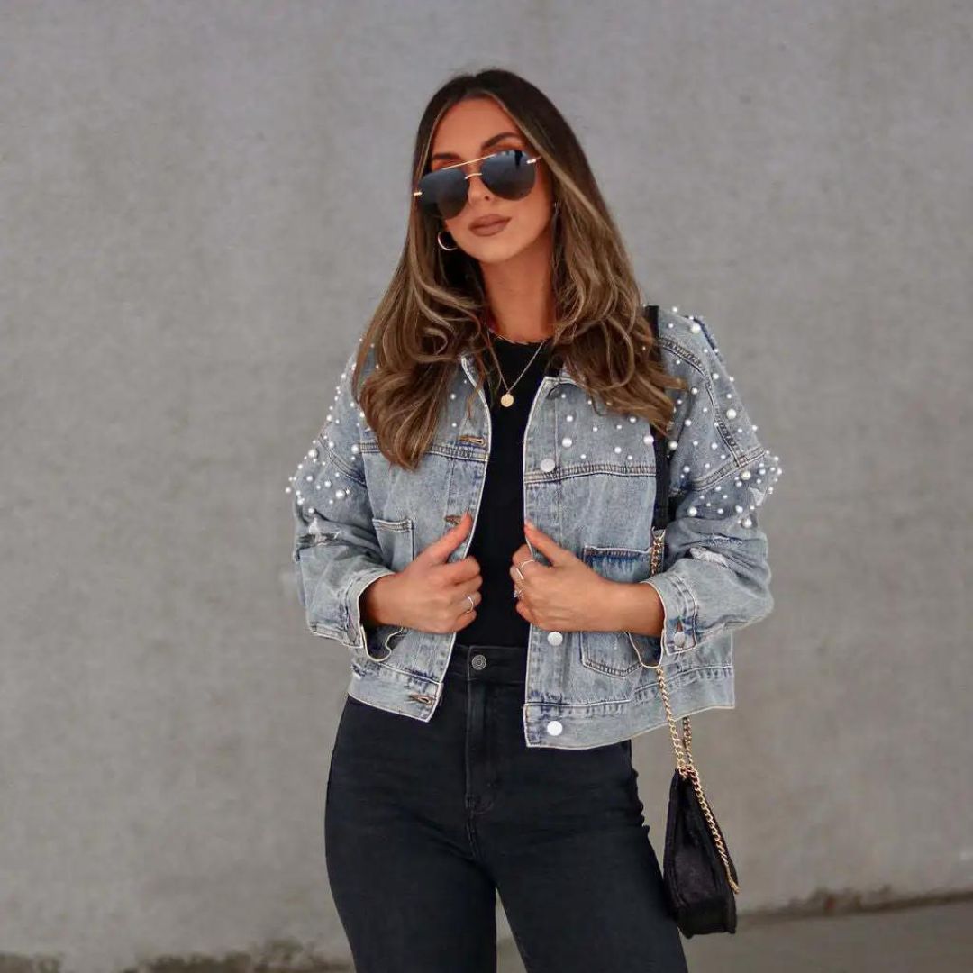 Valeria | Damen Jeansjacke mit Knöpfen & Perlenverzierung | Blau