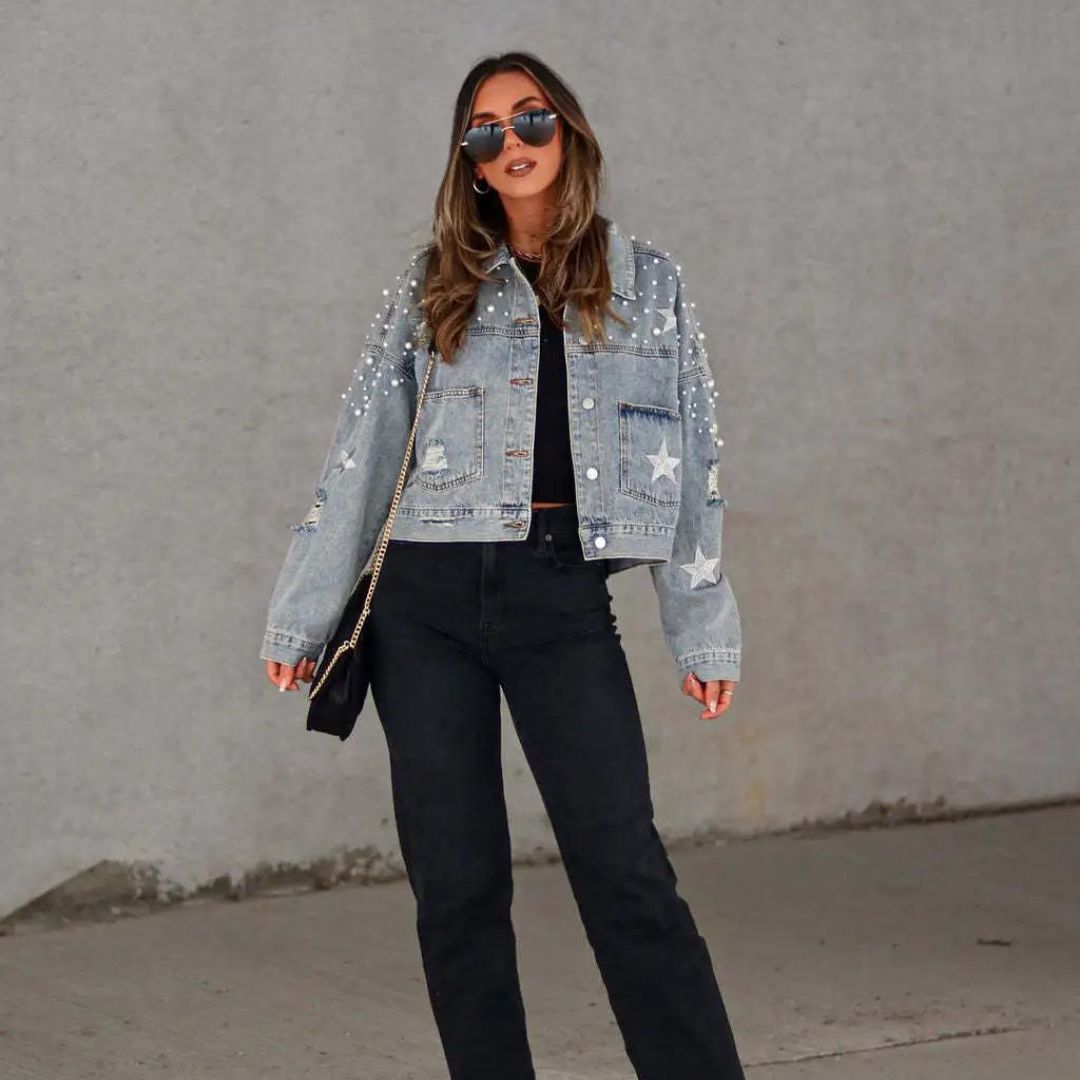 Valeria | Damen Jeansjacke mit Knöpfen & Perlenverzierung | Blau