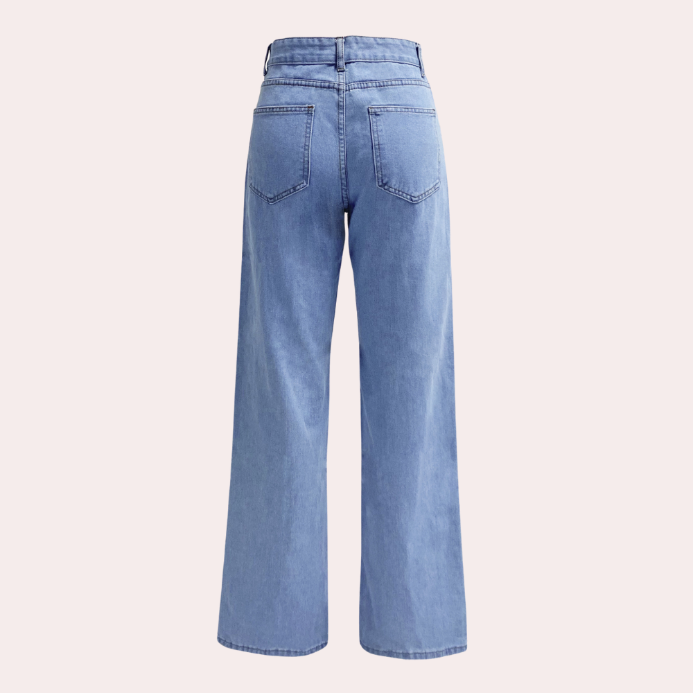 Rückansicht der bequemen Damen-Baggy-Jeans mit klassischem Design.