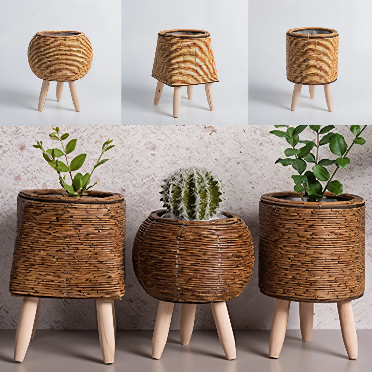 Handgefertigte EcoChic Pflanzgefäße mit Holzbeinen, ideales Dekoelement für Innenräume.