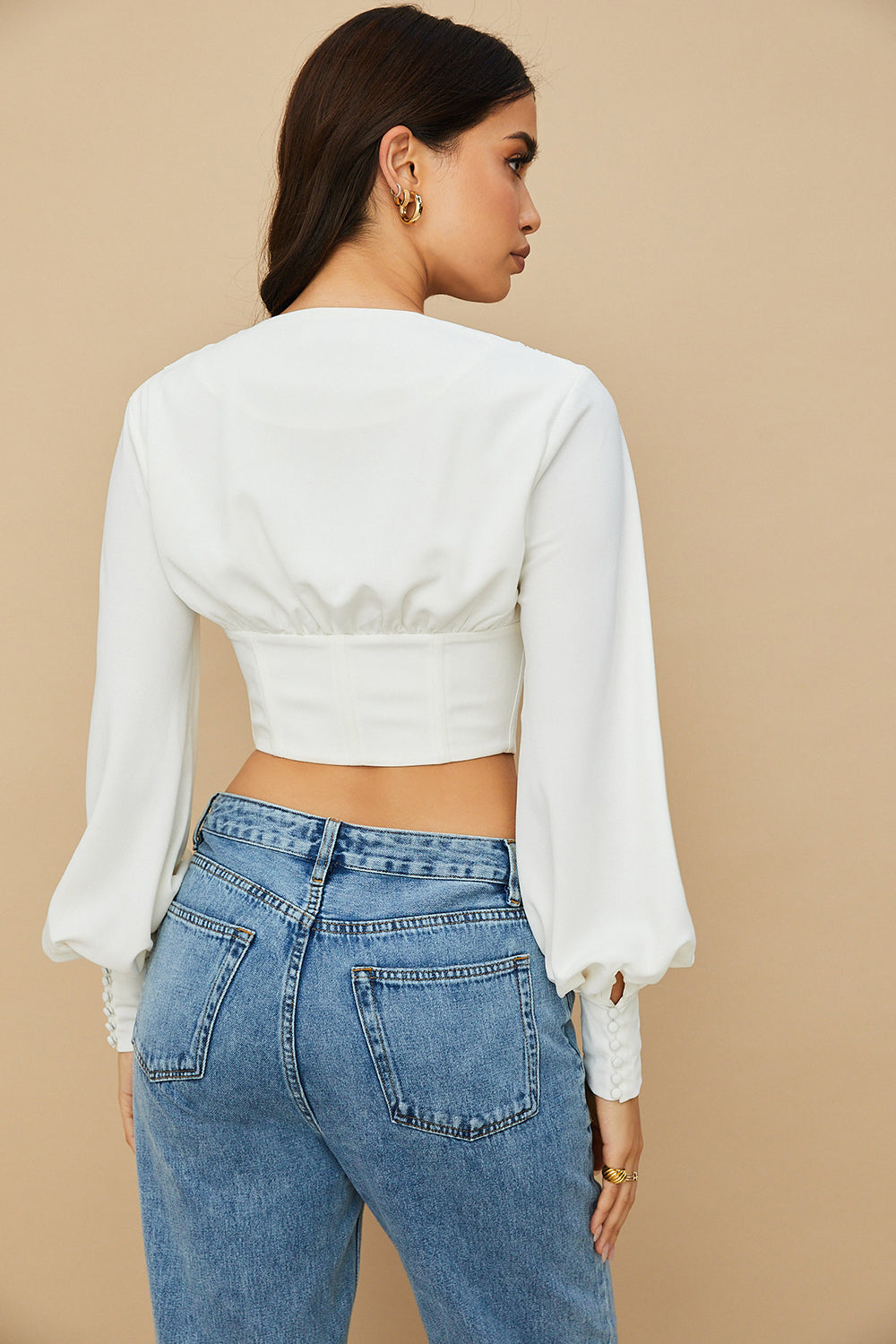 Damen Cropped Top Mit Schnürverschluss Und Langen Ärmeln | Weiß