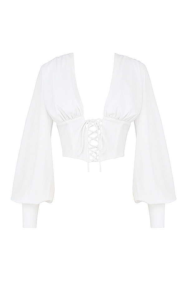 Damen Cropped Top Mit Schnürverschluss Und Langen Ärmeln | Weiß