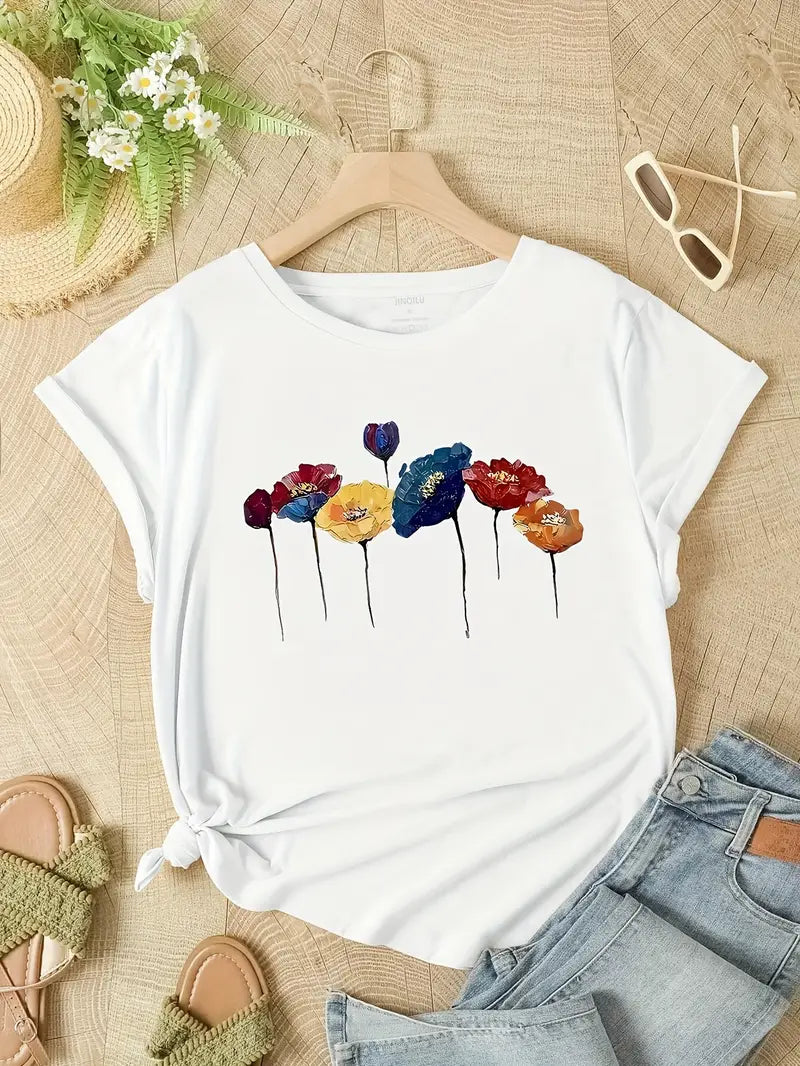 Damen T-Shirt mit Blumenmuster | Weiß