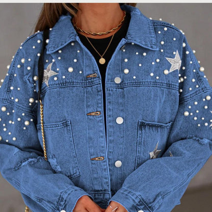 Valeria | Damen Jeansjacke mit Knöpfen & Perlenverzierung | Blau