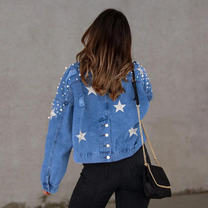 Valeria | Damen Jeansjacke mit Knöpfen & Perlenverzierung | Blau