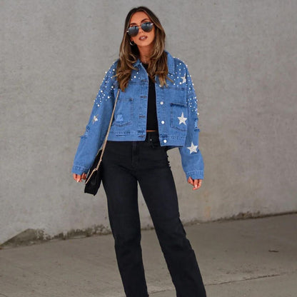 Valeria | Damen Jeansjacke mit Knöpfen & Perlenverzierung | Blau