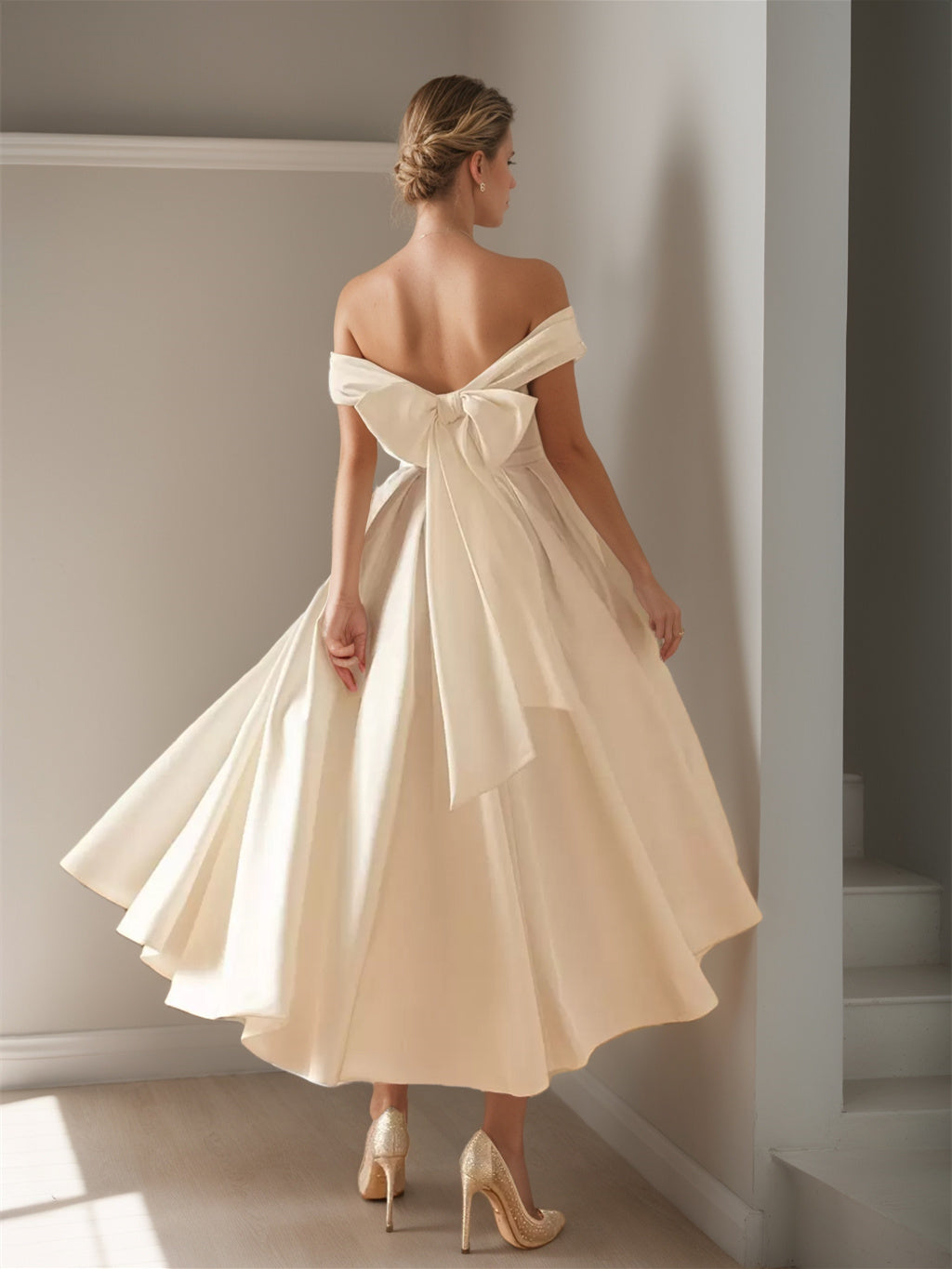 Damen Elegantes A-Linie Schulterfreies Brautkleid | Midi
