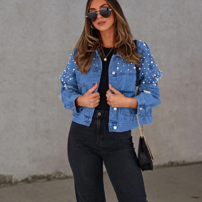 Valeria | Damen Jeansjacke mit Knöpfen & Perlenverzierung | Blau