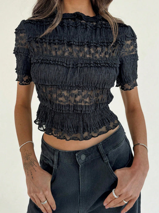 Damen Sommer Spitzen Crop Top | Schwarz und Mintgrün