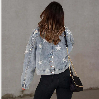 Valeria | Damen Jeansjacke mit Knöpfen & Perlenverzierung | Blau