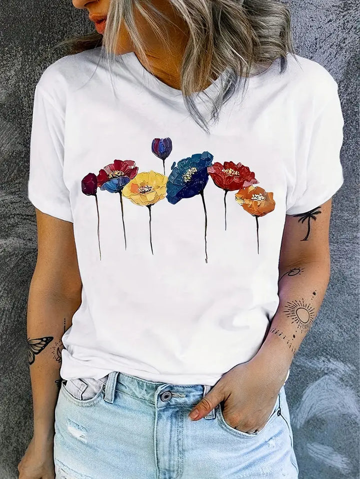 Damen T-Shirt mit Blumenmuster | Weiß