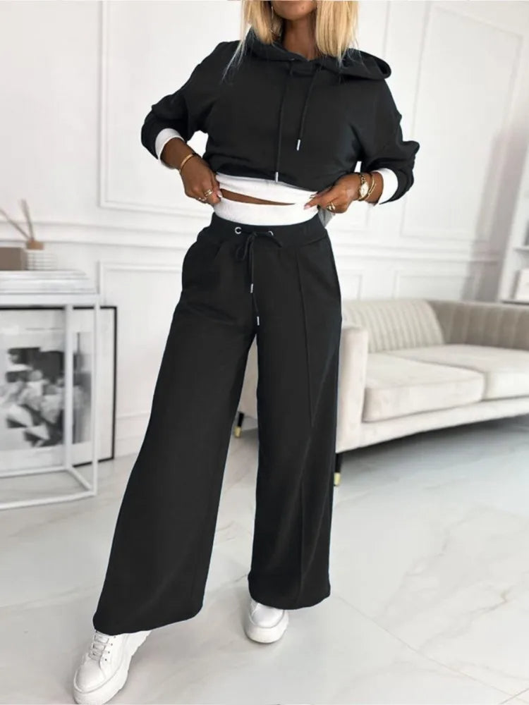 Damen Kapuzenoberteil und Hose mit weitem Bein Set | Klassisch