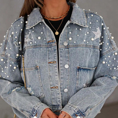 Valeria | Damen Jeansjacke mit Knöpfen & Perlenverzierung | Blau