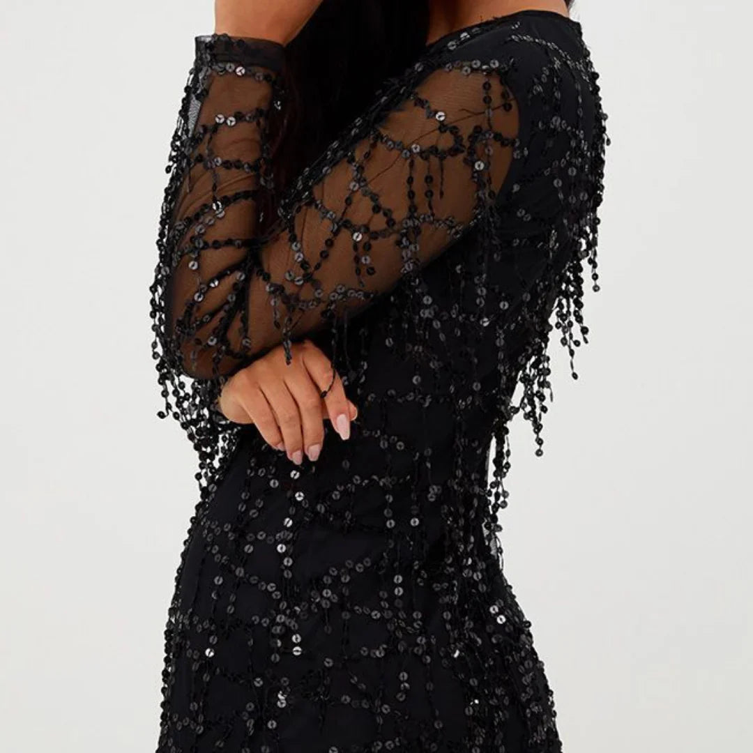 Damen Rundhalsausschnitt Paillettenkleid | Mini