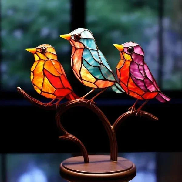Zeitlose Tischleuchte von LumeBird mit künstlerischer Gestaltung und lebhaften Farben.