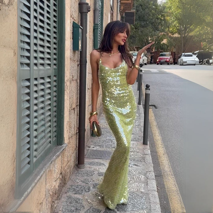 Damen Maxikleid Mit Pailletten | Grün | Neujahr