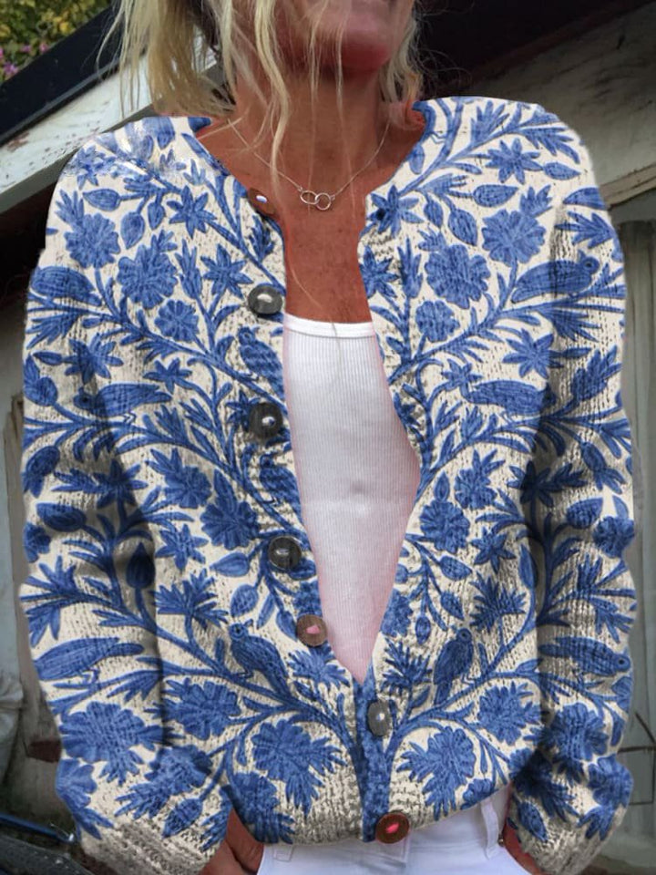 Damen Blumenmuster Strickjacke | Rundhalsausschnitt