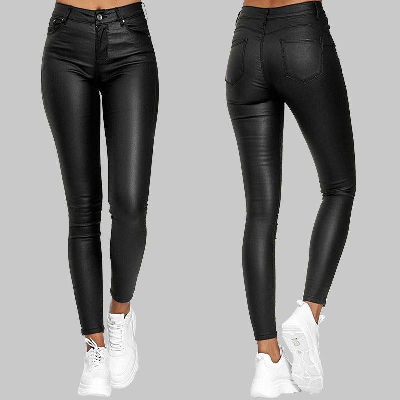 Vorder- und Rückansicht einer schlanken Lederhose für Damen.