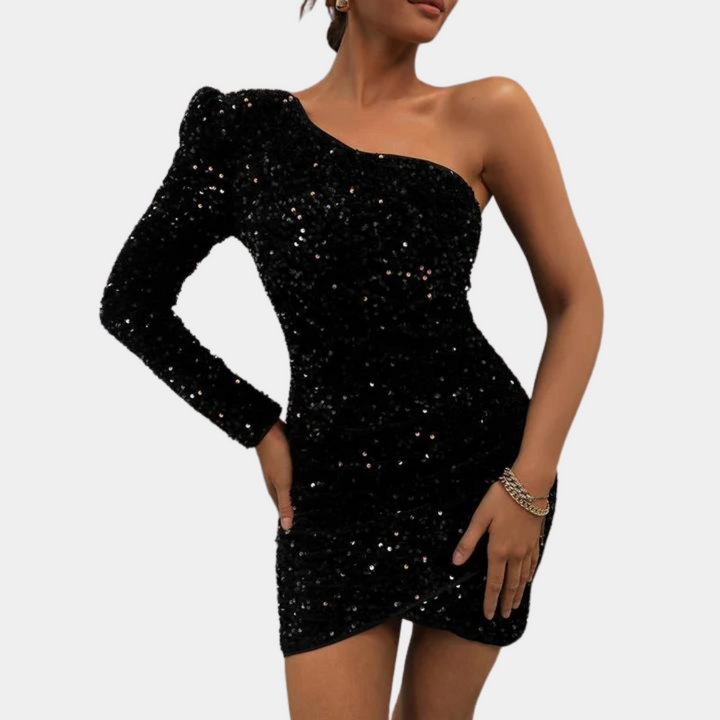 Damen Eine Schulter Paillettenkleid | Mini