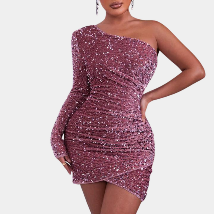 Damen Eine Schulter Paillettenkleid | Mini