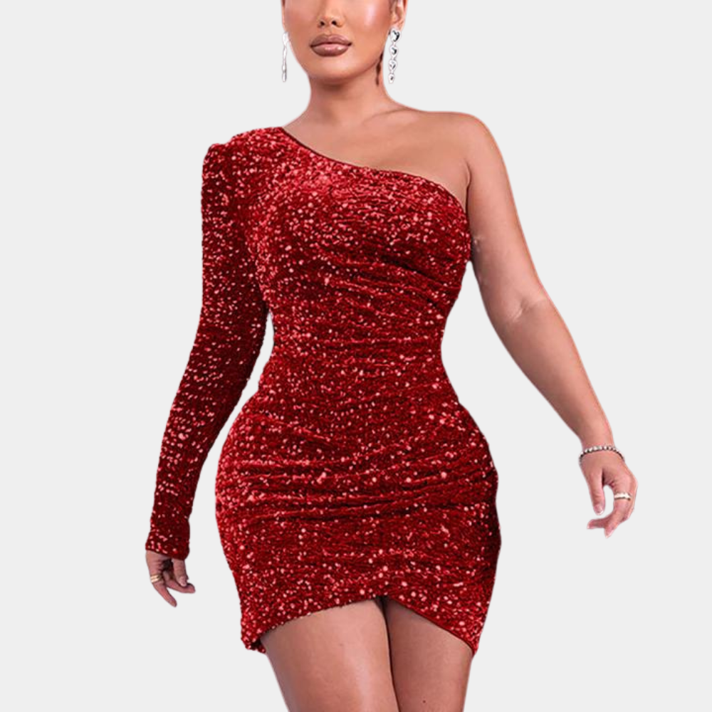 Damen Eine Schulter Paillettenkleid | Mini