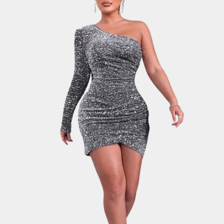 Damen Eine Schulter Paillettenkleid | Mini