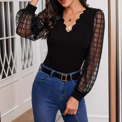 Damen Elegante Top Mit V-Ausschnitt Und Schultrand | Langarm
