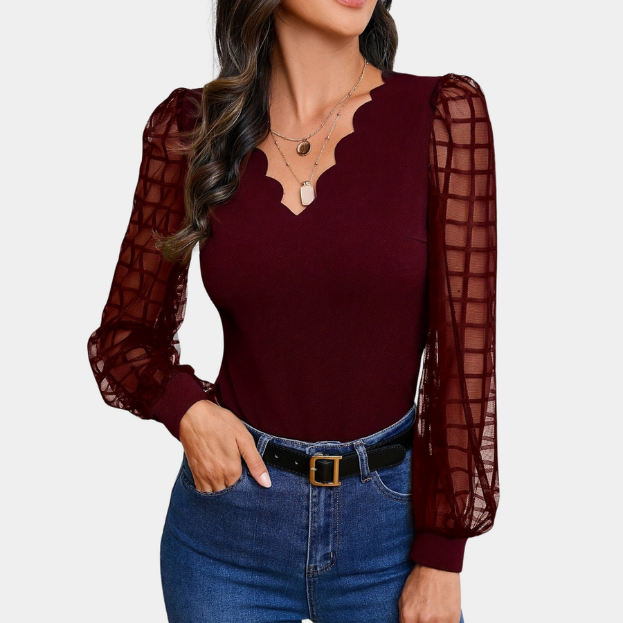Damen Elegante Top Mit V-Ausschnitt Und Schultrand | Langarm
