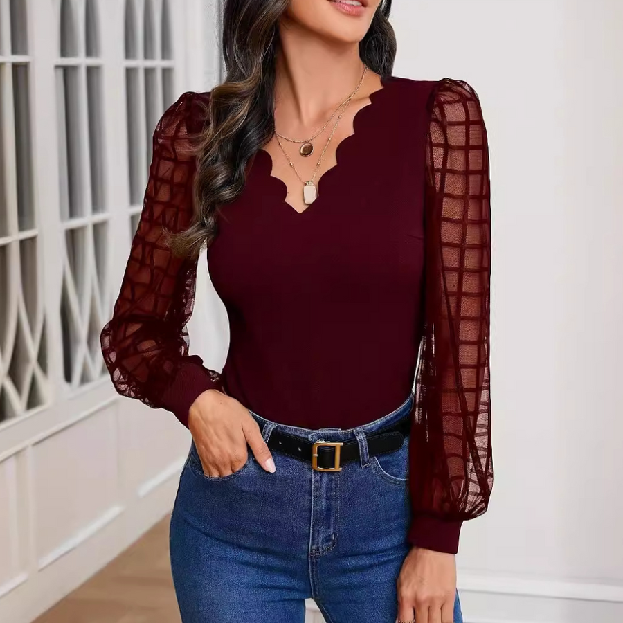Damen Elegante Top Mit V-Ausschnitt Und Schultrand | Langarm