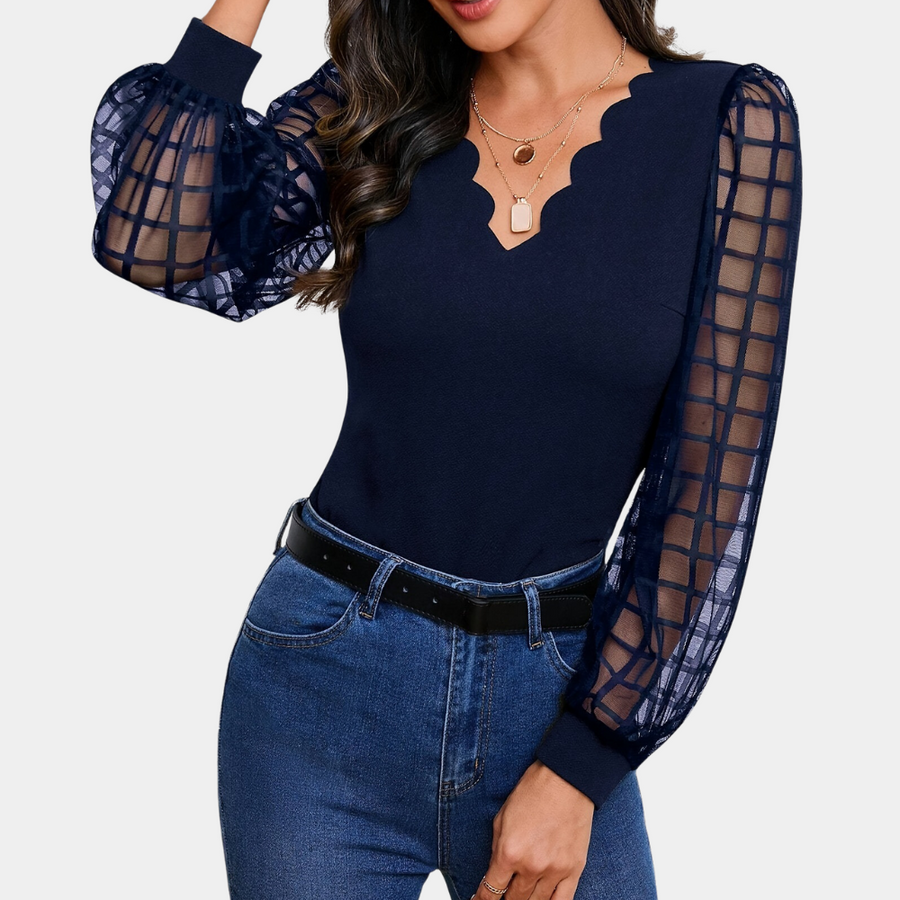 Damen Elegante Top Mit V-Ausschnitt Und Schultrand | Langarm