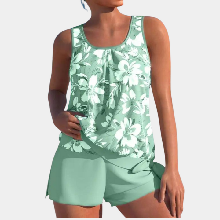 Rückansicht eines modischen Tankini-Sets mit sommerlichem Print.