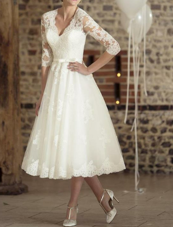 Damen 3/4 Ärmel Elegante Braut Kleid | Midi