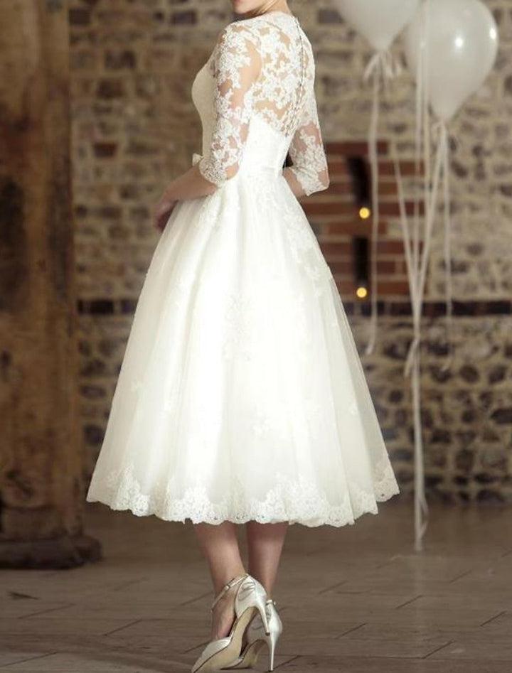 Damen 3/4 Ärmel Elegante Braut Kleid | Midi