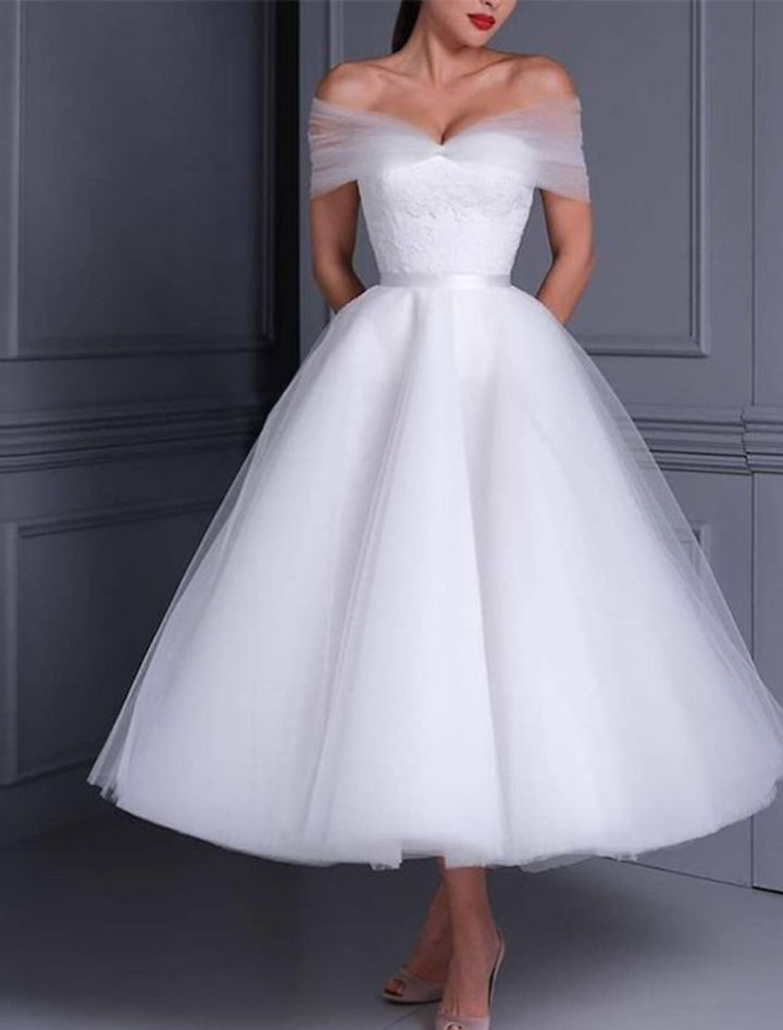 Damen Elegante Schulterfrei Brautkleid | Midi