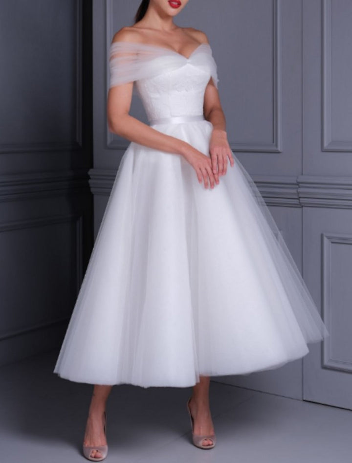 Damen Elegante Schulterfrei Brautkleid | Midi