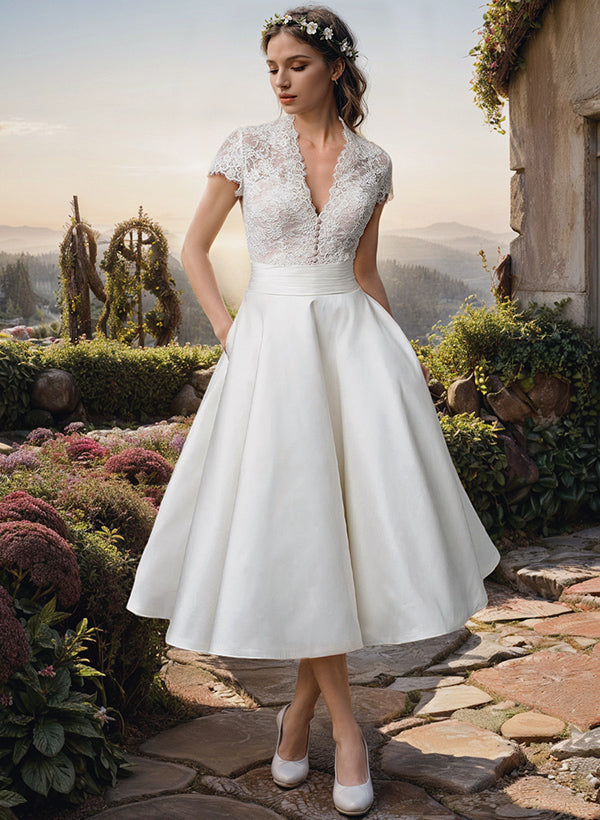 Damen Kurzärmelig Braut Kleid | Midi