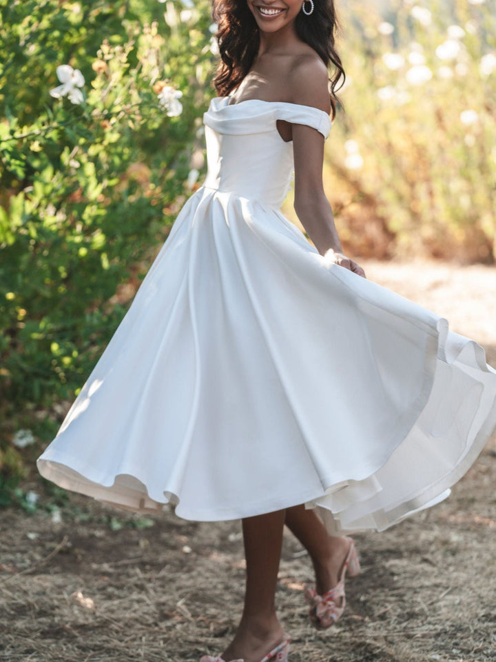 Damen Schulterfrei Braut Kleid | Midi