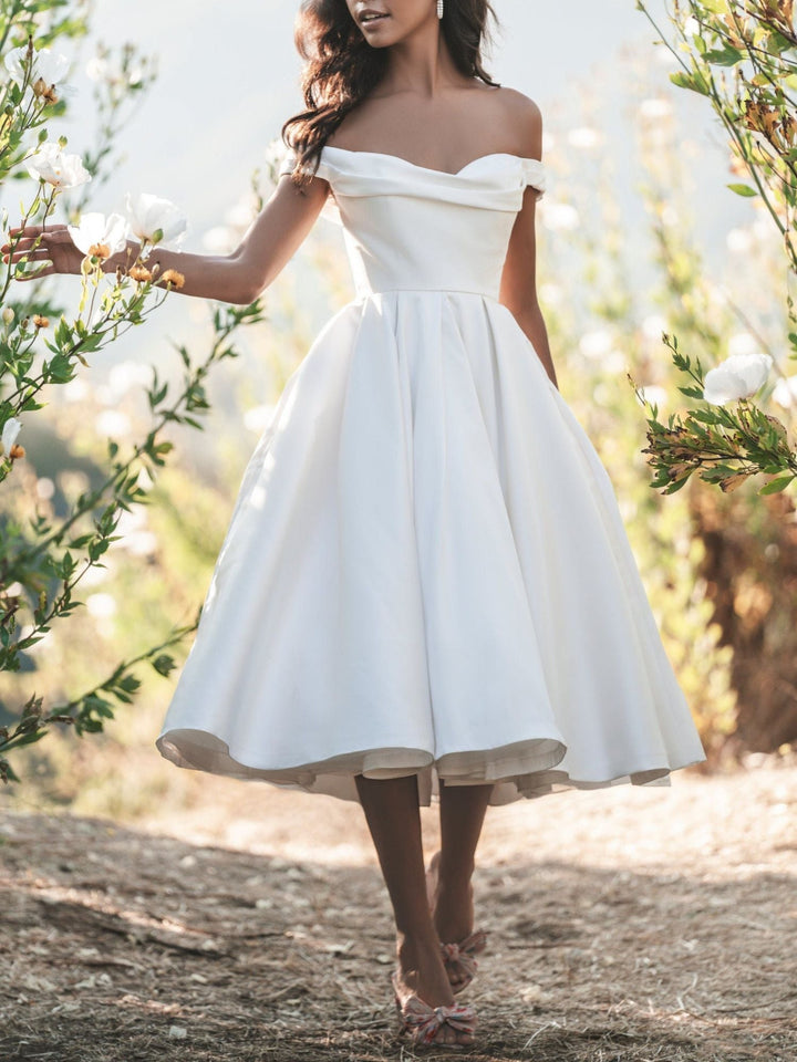 Damen Schulterfrei Braut Kleid | Midi