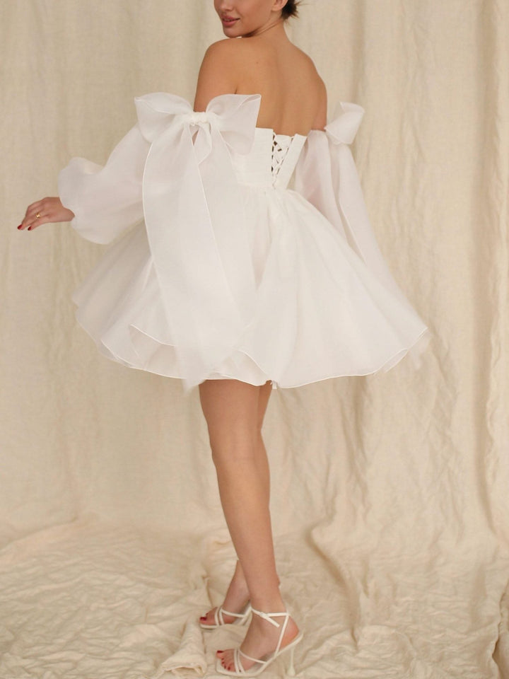 Damen Langarm Mit Schleife Braut Kleid | Mini