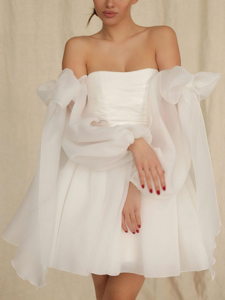 Damen Langarm Mit Schleife Braut Kleid | Mini