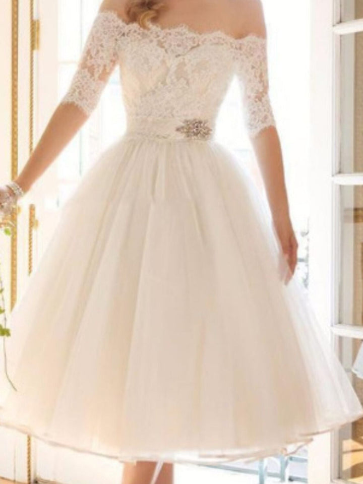 Damen Schulterfreie Halbarm-Ärmel Brautkleid | Midi