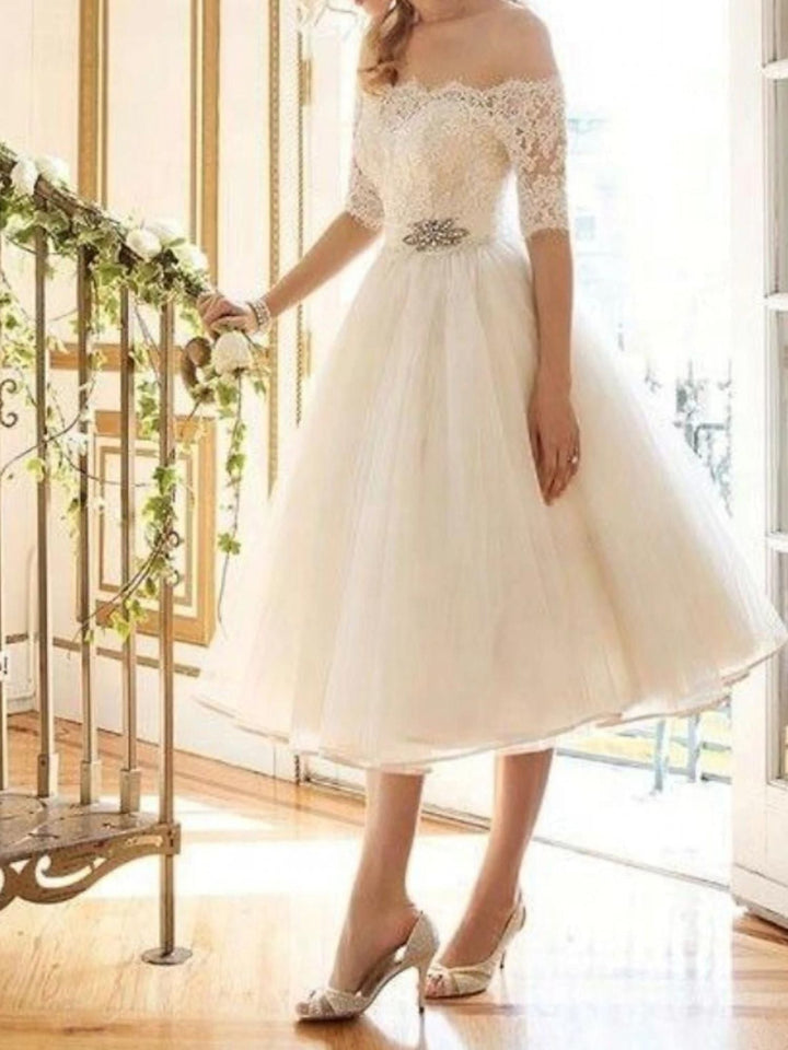 Damen Schulterfreie Halbarm-Ärmel Brautkleid | Midi