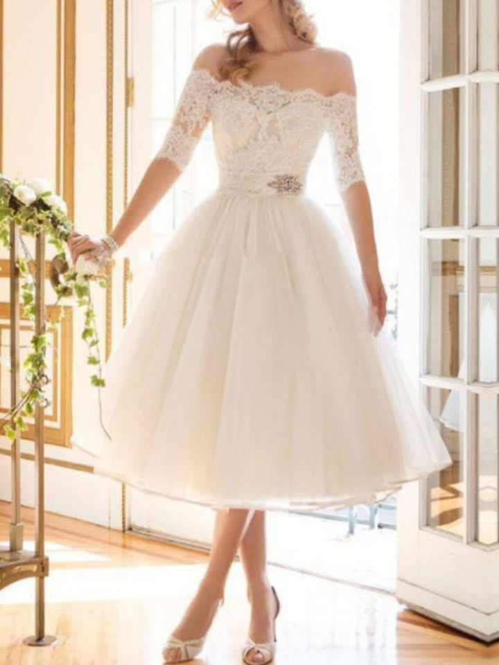 Damen Schulterfreie Halbarm-Ärmel Brautkleid | Midi