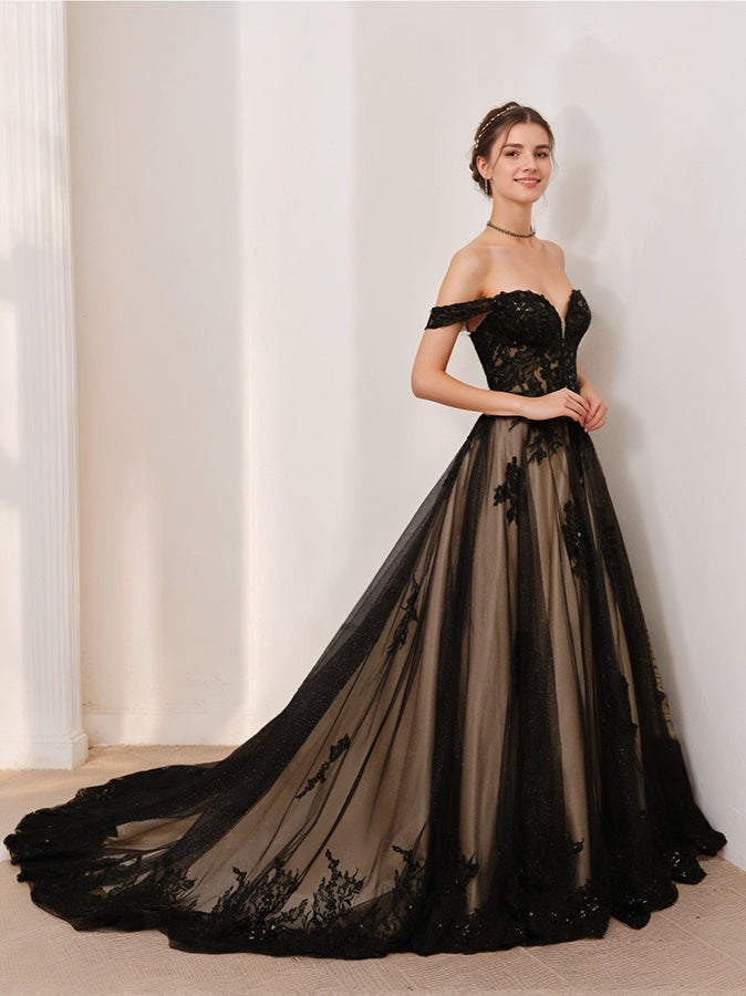 Damen Schwarz Schulterfrei Braut Kleid | Maxi