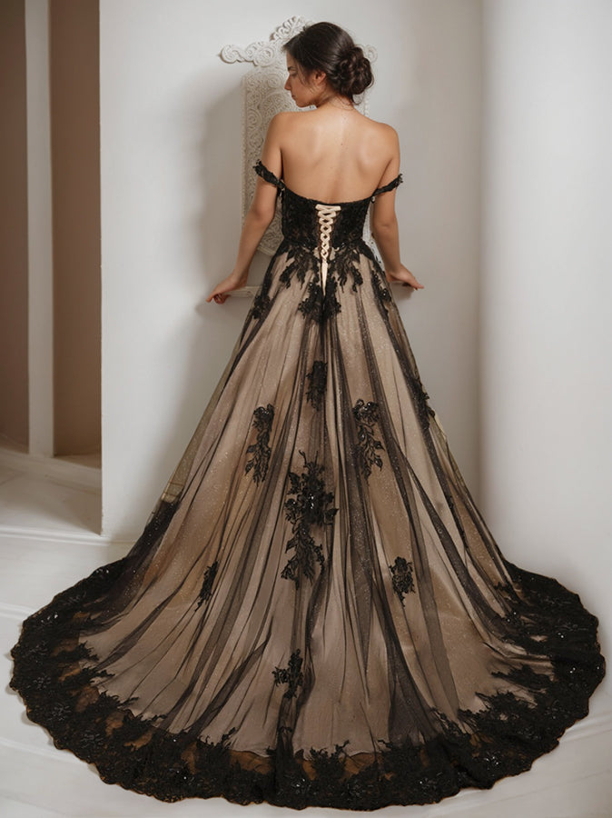 Damen Schwarz Schulterfrei Braut Kleid | Maxi