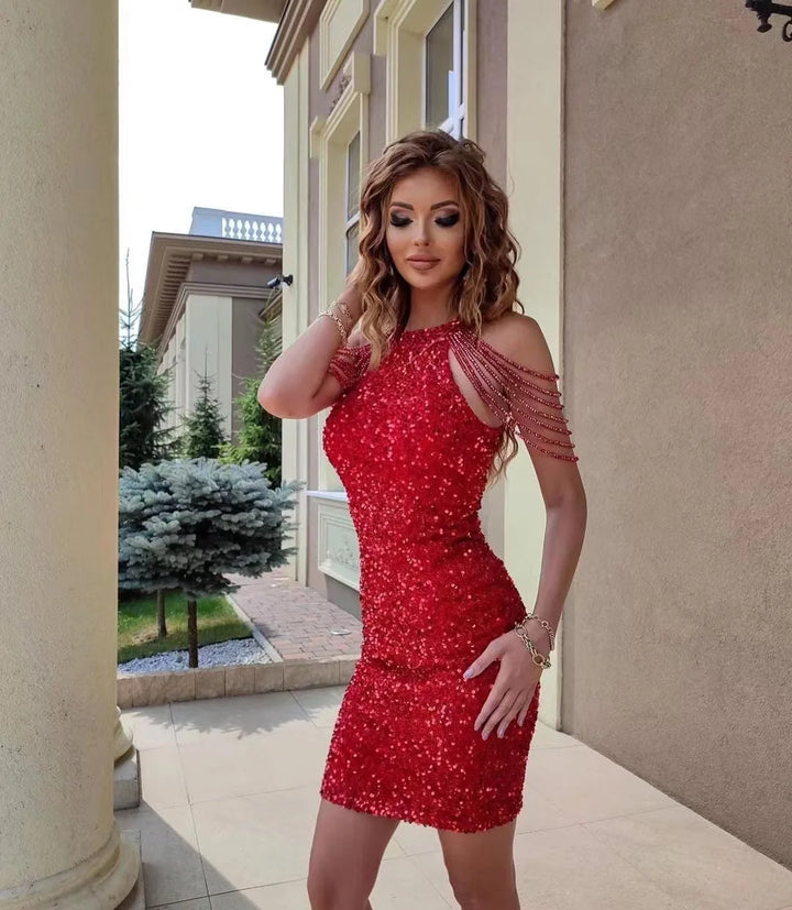Damen Ärmellose Party Paillettenkleid | Mini