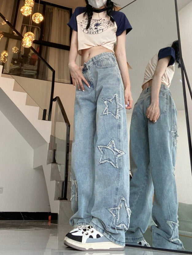 Damen Hohe Taille Baggy Jeans | Sternmuster