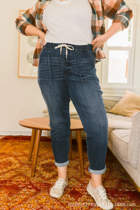 Damen Lässig Hohe Taille Jeans | Mit Kordelzug
