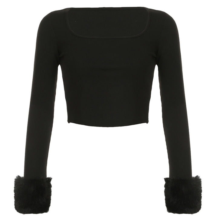 Damen Langarm Oberteil Mit Faux-Fell Manschetten | Schwarz