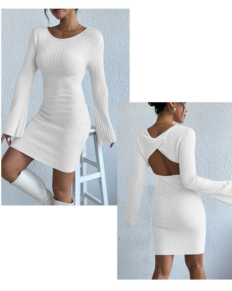 Damen Offener Rücken Strickkleid | Mini